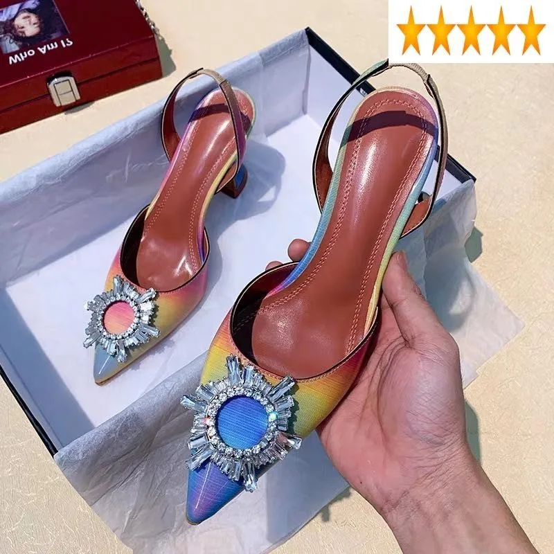 

High Heels Office Ladies Fashion Elegant Pointed Toe Leather Sandal Slip On Mules Shoes Summer Female Diamonds Luxury Sandals