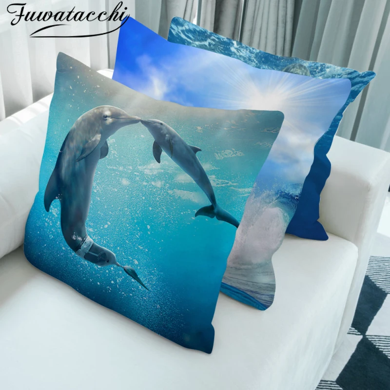 

Fuwatacchi Square Cushion Cover Ocean Style Dolphin Pattern Throw Pillow Cover For Couch Car Home Decor Pillowcase 45x45cm