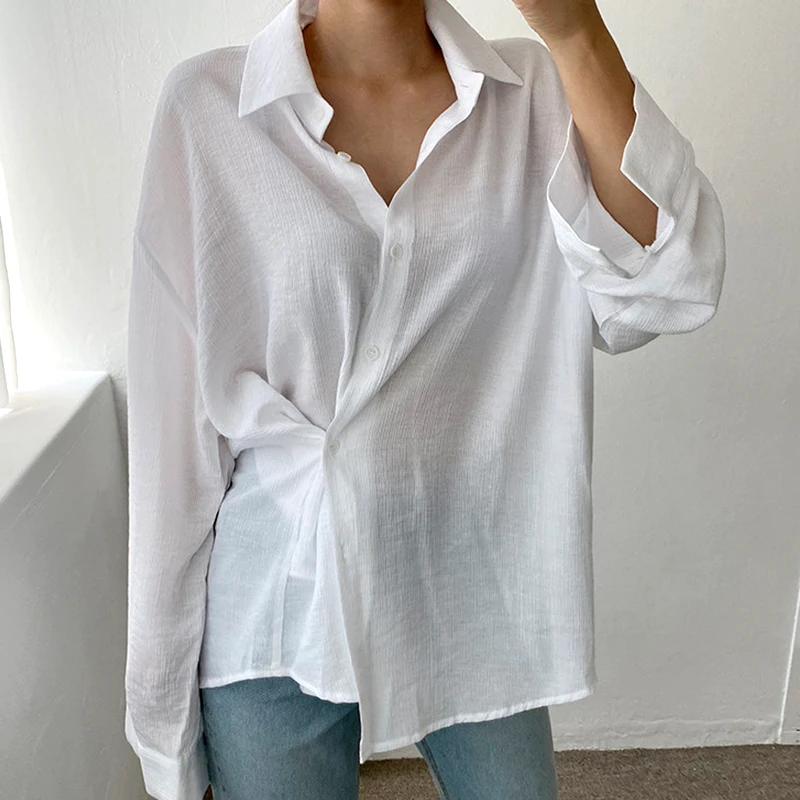 

Korejpaa Women Shirt 2021 Korean Fashion Simple Casual Lapel Loose Solid Versatile Single Breasted Long Sleeve Thin Blouses Top