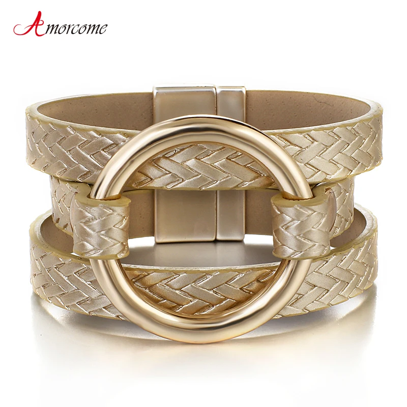 

Amorcome Gold Round Metal Leather Bracelets for Woman Fashion 2021 Multilayer Wide Wrap Charm Bracelet & Bangle Female Jewelry