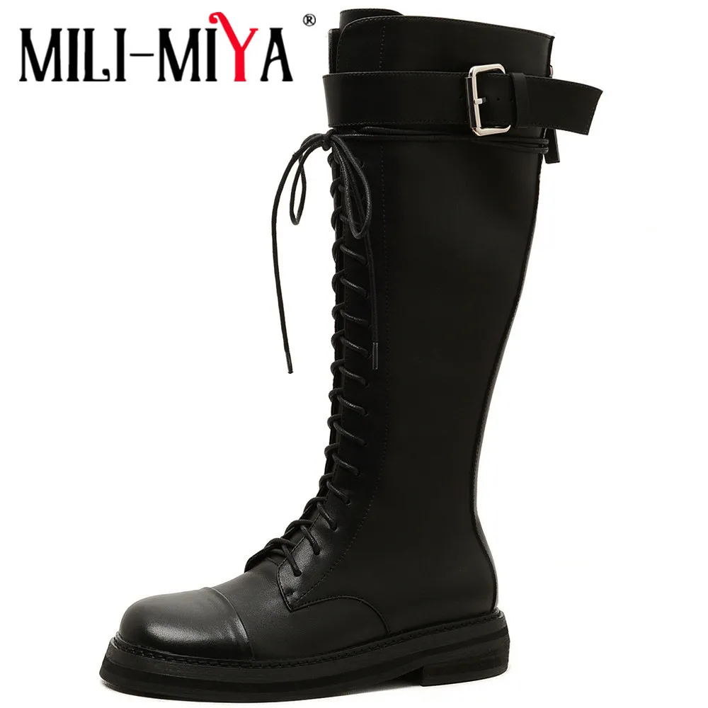 

MILI-MIYA Chunky Heels Platform Good Quality Leather Knee High Boots Women Cross Tied Zipper Wear Resistant Non Slip Casual Shoe
