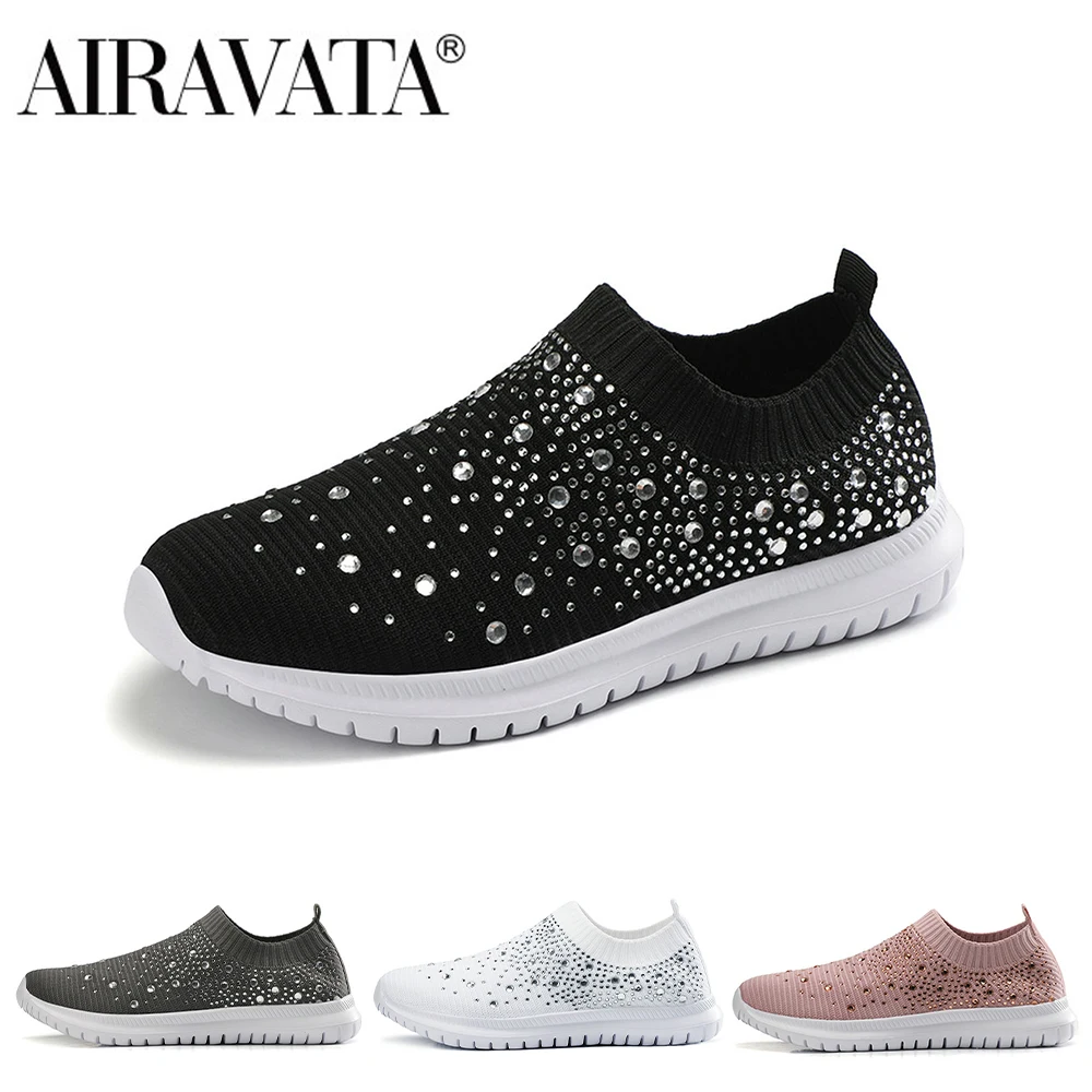 

Airavata Women's Slip On Sock Walking Shoes Rhinestone Sneakers Female Ladies Casual Shoes Lightweight Soft Sole Lazy Shoes