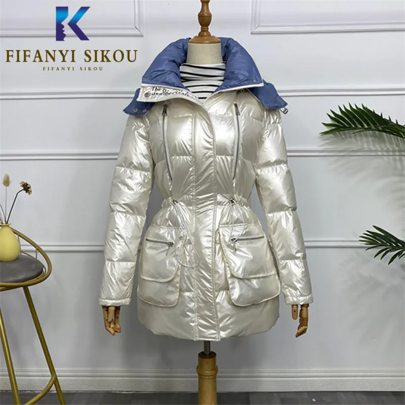 

Модная пуховая куртка для женщин, Толстая теплая парка с капюшоном, пальто на молнии с карманами, свободная зимняя куртка, женское повседнев...