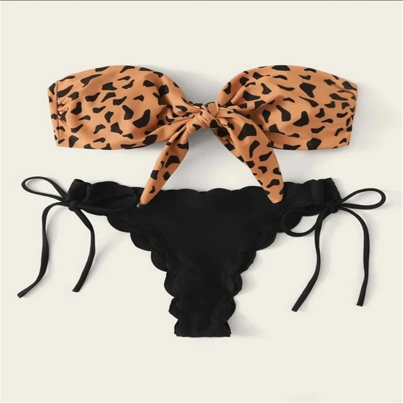 2021 Beach Bikini Woman Sexy Front Lace Up Tie Strapless Leopard Swimsuit Female Push Up Ruffled Bow Bathing Suit Thong Swimwear