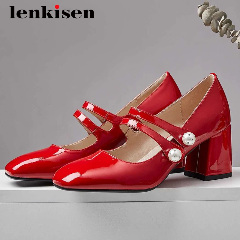 

Lenkisen gladiator cow patent leather pearl decorations square toe thick high heel three colors fairy sweet girls cozy pumps L82