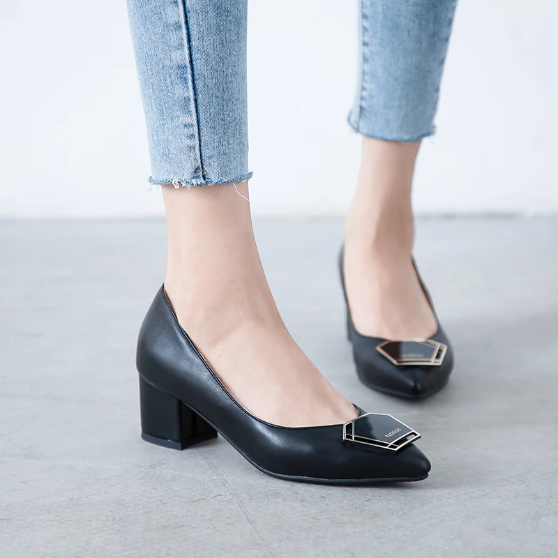 

WETKISS High Heels Pumps Women Metal Buckle Pumps Pointed Toe Pu Shoes Female Shallow Office Shoes Ladies Spring 2020 New