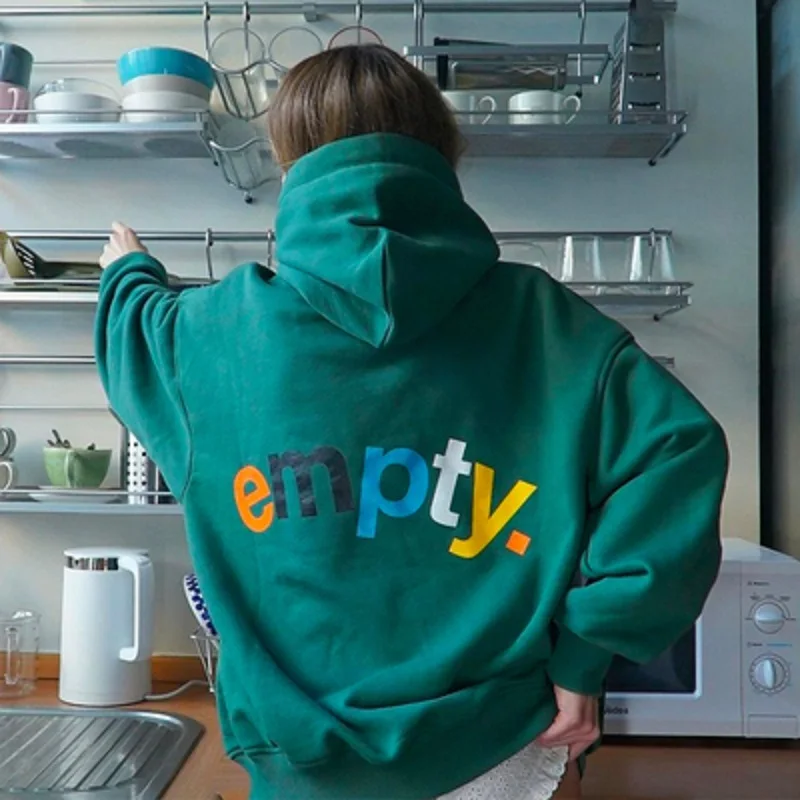 

New American retro green letter loose plus velvet warm wind printed hooded sweater casual jacket sweatshirt streetwear oversize