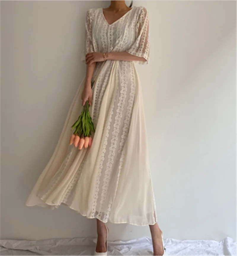 

2020 New Arrivals Super Fairy Elegant Dress Female Temperament V-neck Short Sleeve High Waist Lace Maxi Dresses Autumn