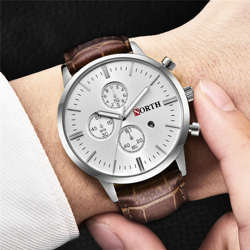 Часы NORTH мужские с кожаным ремешком Роскошные Аналоговые кварцевые модные