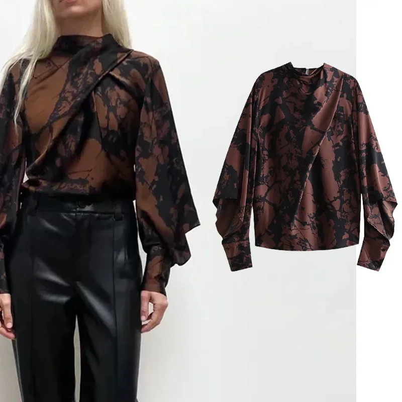 

Xypskh Za Women New Fashion Loose Print Asymmetric With Bow Tied Blouses Vintage Long Sleeve Female Shirts Blusas Chic Tops