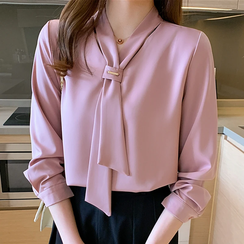 

Женская шифоновая блузка с длинным рукавом, однотонная офисная Свободная рубашка с V-образным вырезом и галстуком, весна 2022