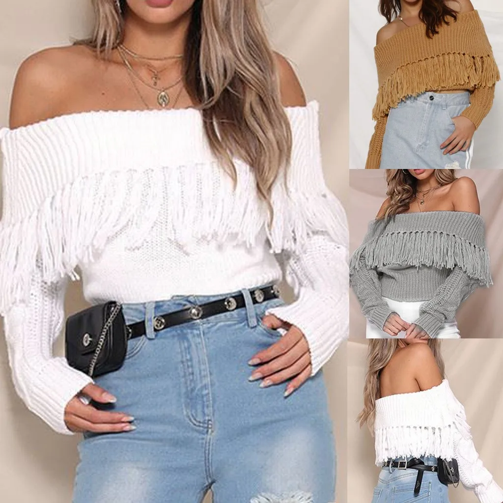 Women Sexy Solid Sweater Autumn Off Shoulder Slash neck Casual Tassel Pullover Long Sleeve Loose Sweaters Blouse Tops | Женская одежда