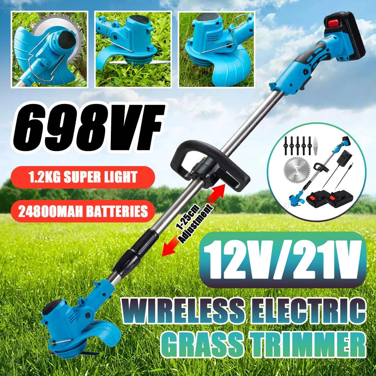 

698VF Electric Lawn Mower Adjustable Handheld 12V/21V Cordless Grass Hedge Trimmer Mowing Machine Garden 2 Battery Power Tool
