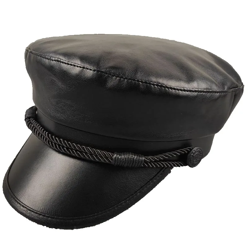

2021 Spring PU Leather Navy Cap Male Flat Top Hats Casual Navy Hat Women Fitted Hat Men Big Size Military Caps 57.5cm 59cm 61cm