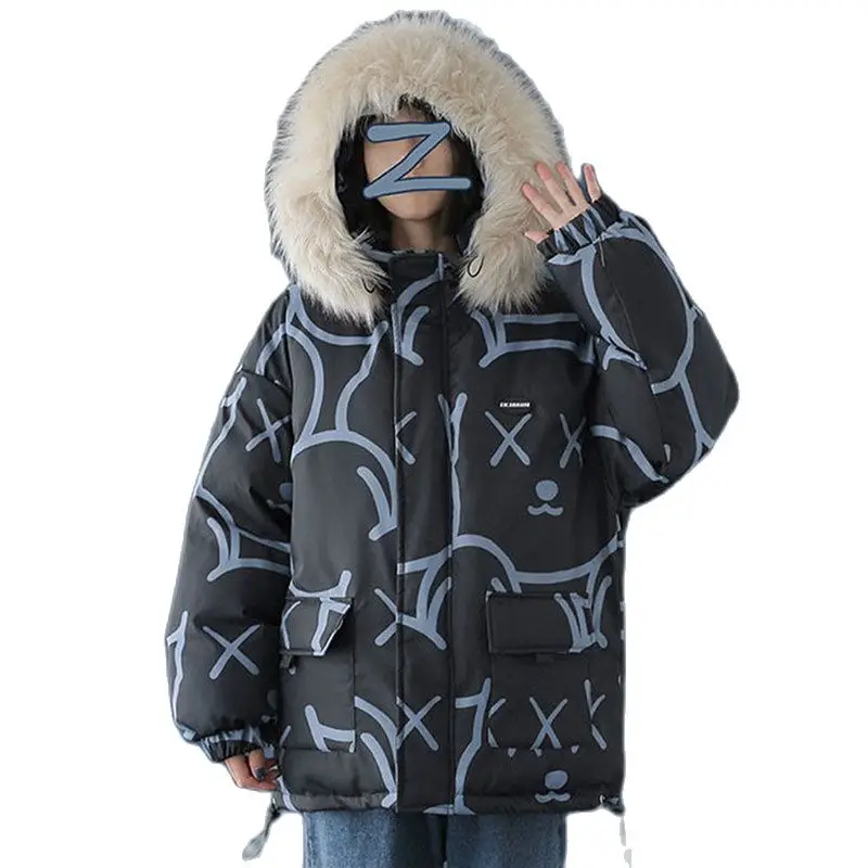

Fur Collar Parkas Women's Black Jacket 2021 Winter New Thick Warm Coat Cotton Loose Women Top Plus Size Korean Short Hoodies