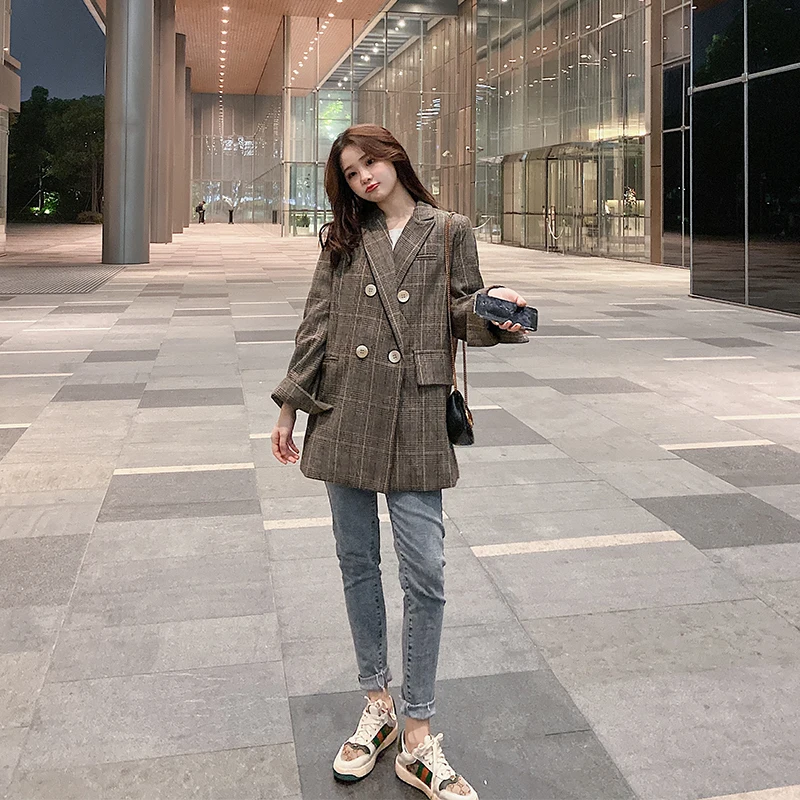 

Mid-Length Brown Plaid Blazers England Style Loose Double Breasted Plus Size Suits Women Vintage Office Work Blazer Long Sleeve