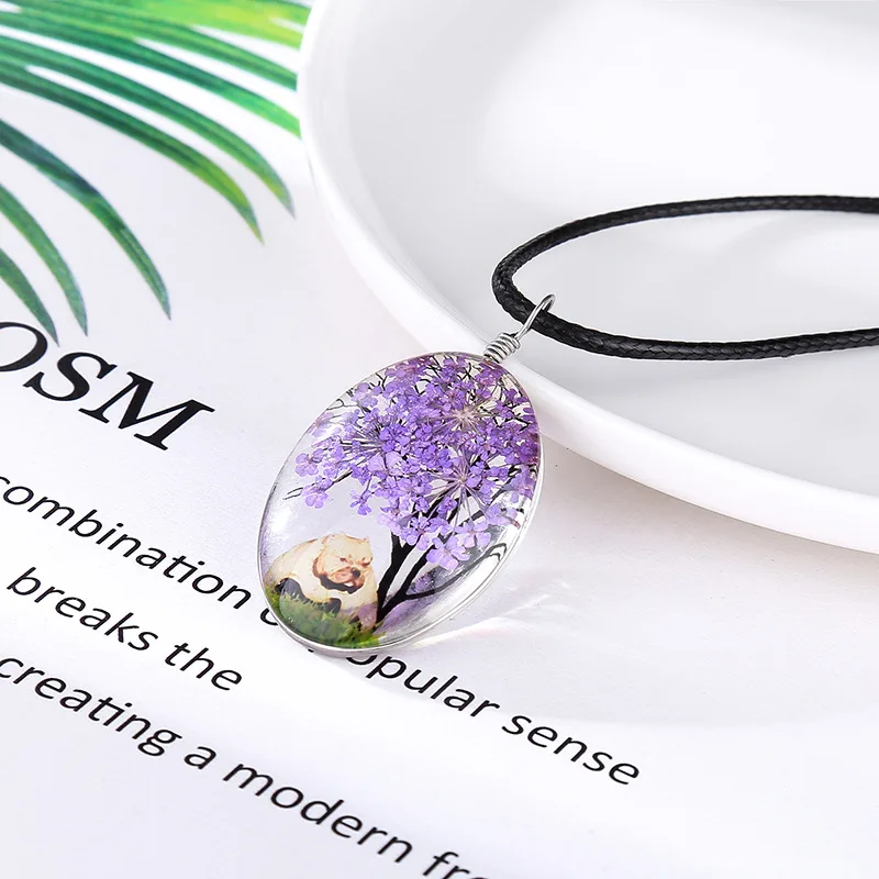 Креативное овальное сухое цветочное ожерелье с драгоценным камнем модное