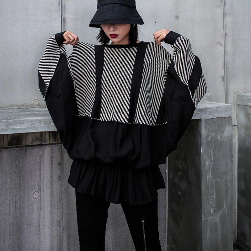 Женская рубашка в полоску с круглым вырезом и рукавом летучая мышь|Блузки| |