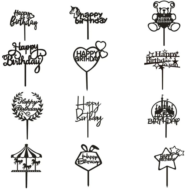 12 шт. украшения для торта на день рождения акриловые золотистые черные