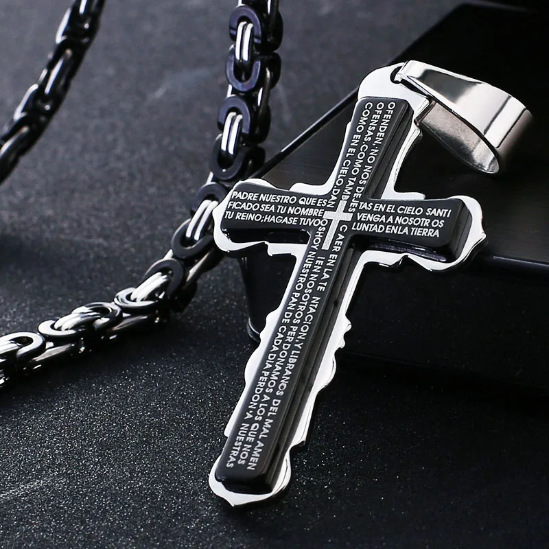 Catholic Spanish Bible Cross Pendants Necklaces Stainless Steel Byzantine Link Chain Prayer Necklace Jewelry | Украшения и