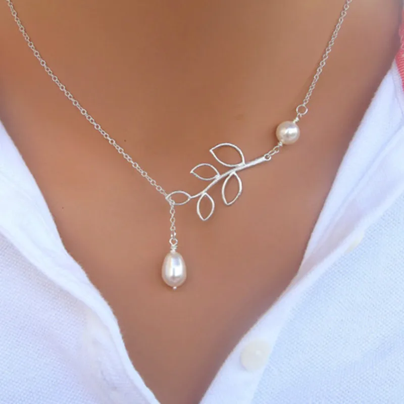 fashion leaf pearl drop necklace cross necklace brand hot pearl and leaves lariat necklace women choker necklaces pendants free global shipping