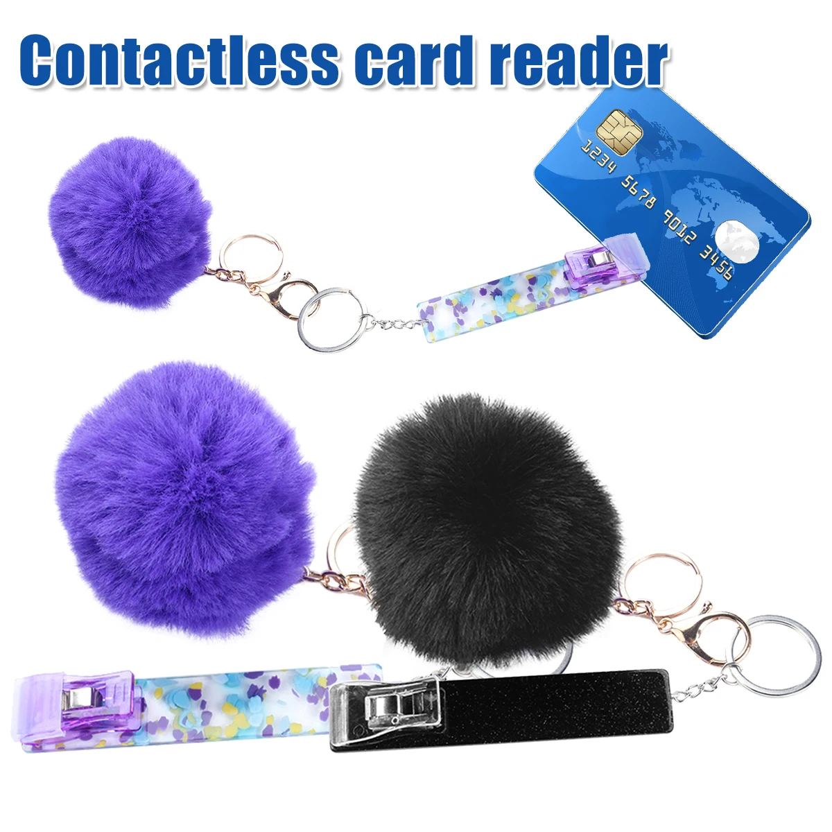 

Female Credit Card Puller ATM Keychain Extractor Card Picker Long Nail Acrylic Debit Card Grabber with Puff Ball and Rubber Clip