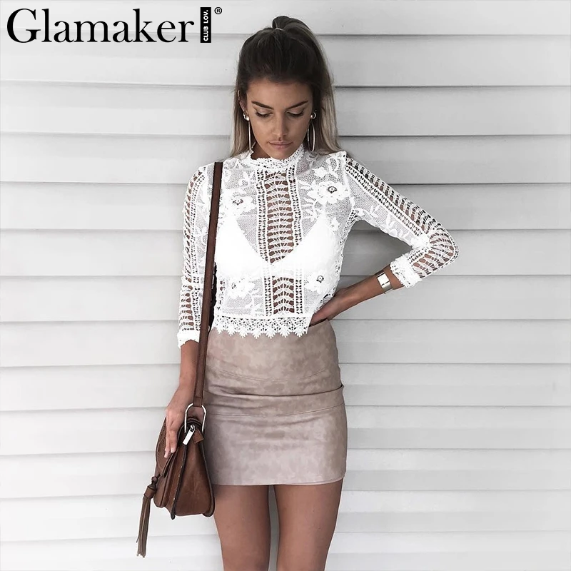 Glamaker, сексуальная белая кружевная блузка, рубашка, женские топы, элегантная открытая блузка, летние топы, женская блузка с длинным рукавом, blusas
