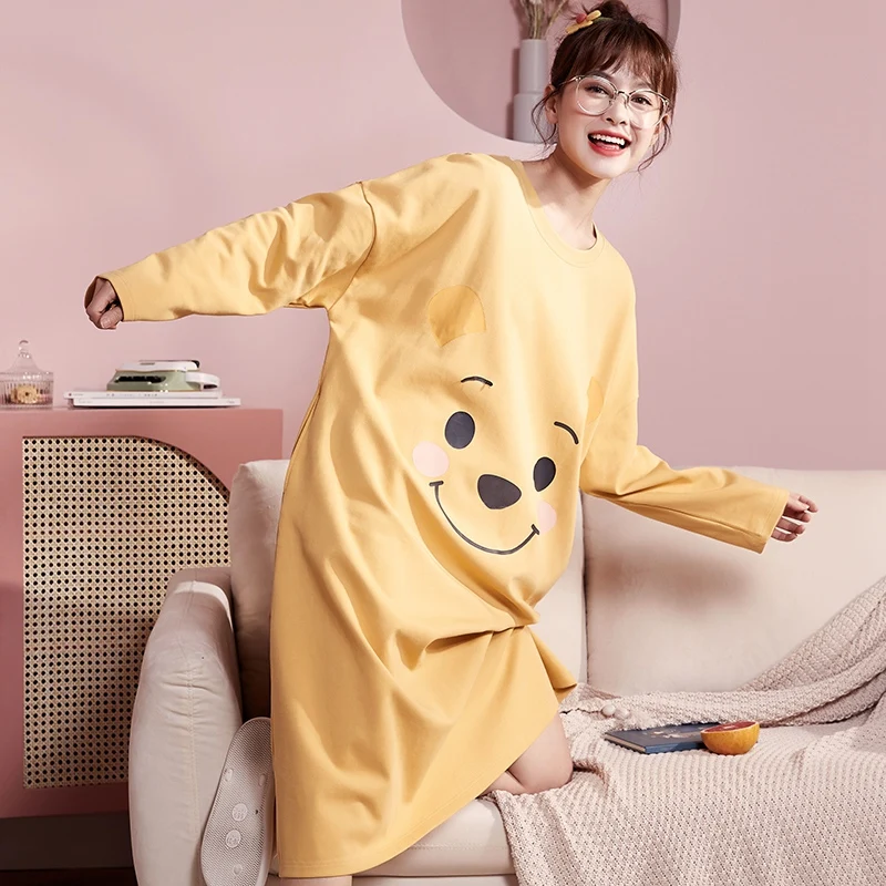

2021 Spring Autumn Long Sleeve Loose Cotton Nightgowns Women Cute Cartoon Sleepwear Long Dress Night Dress Nightdress Home Dress