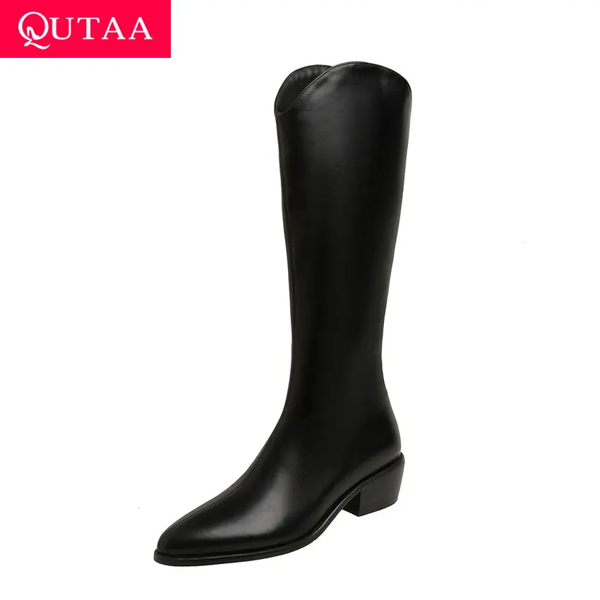 

QUTAA 2021 Pointed Toe Autumn Winter Knee High Boots PU Leather Zipper Long Boots Square Heel Fashion Short Boots Big Size 34-43