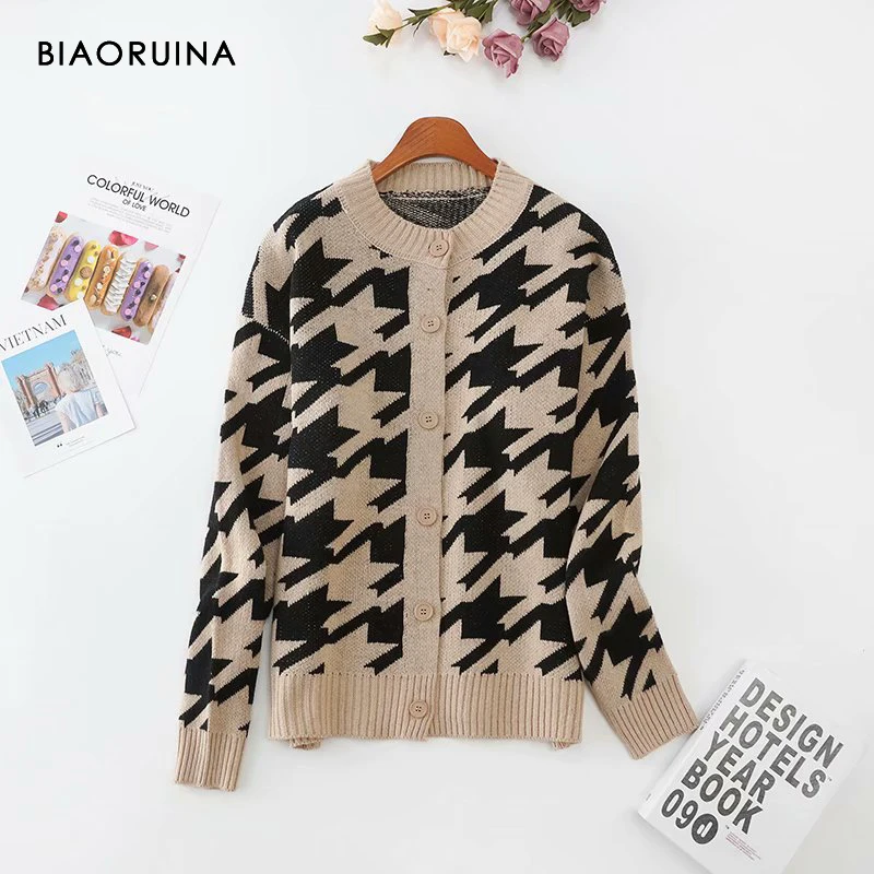 

BIAORUINA Women's Cotton Blends Swallow Gird Single Breasted O-neck Knitted Cardigan Office Lady Loose Elegant Sweater One Size