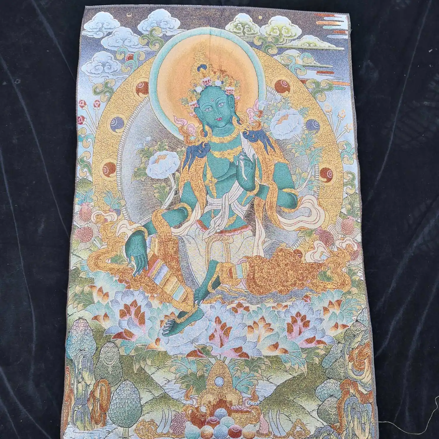 Тибетский тангка статуя Будды из парчи Шелковая Вышивка Портрет Зеленой Тары |