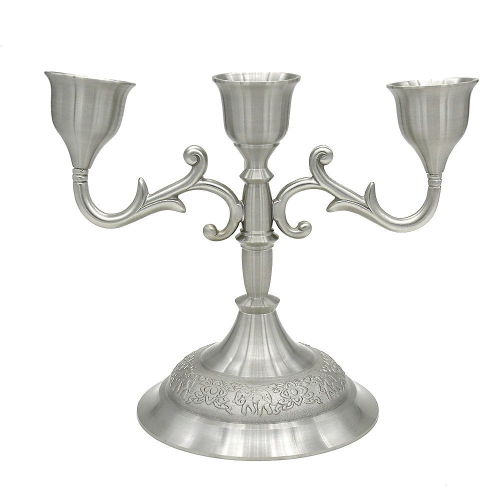 

Oriental Pewter - Pewter Candle Holder 3 Head, Hand Carved Pure Tin 97% Lead-Free Pewter Handmade in Thailand