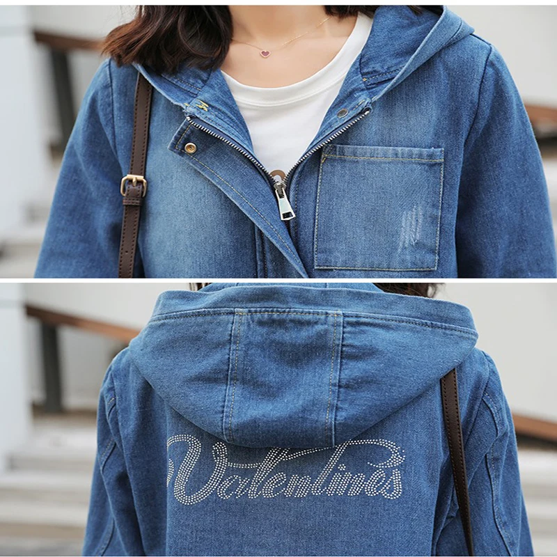 

Women Jean Jacket Spring Autumn Hooded Plus Size Long Female Jacket Fashion Casual Streetwear Denim Jacket Slim Windbreaker Coat