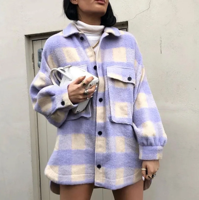 

European and American women's wear 2020 autumn new checkered woolen shirt jacket loose casual cardigan