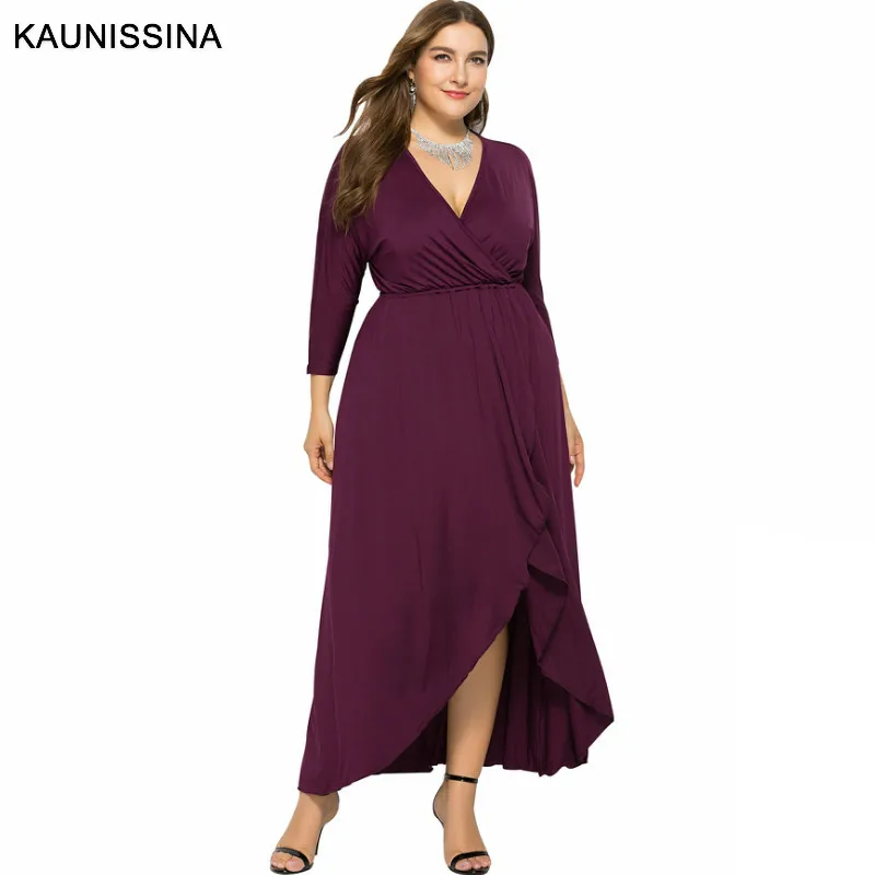 KAUNISSINA Plus Size Party Gown Women Long Sleeve Solid Cocktail Dresses V-neck Homecoming Dress Formal Robe | Свадьбы и торжества