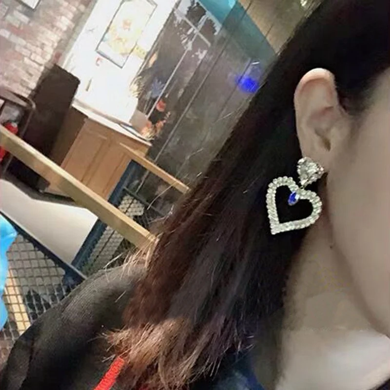 MENGJIQIAO Korean New Luxury Crystal Big Hollow Heart Long Pendientes Mujer Moda Bijoux Elegant Party Earrings Brincos Jewelry