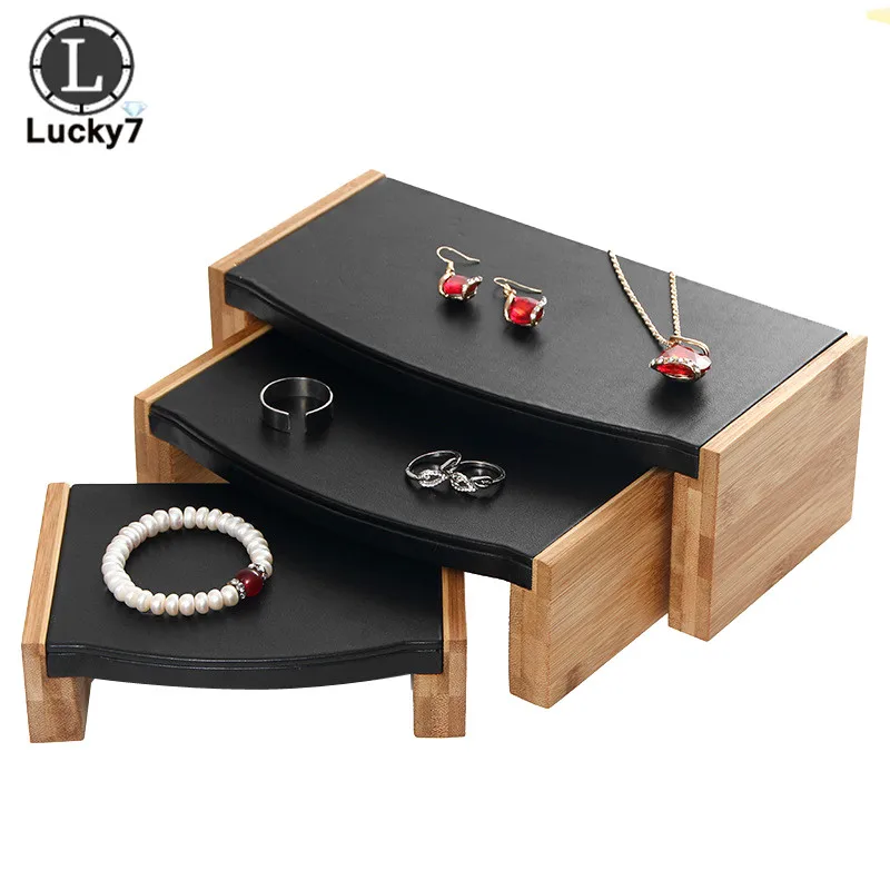 Natural Bamboo Wood Necklace Ring Jewelry Jade Counter Display Stool 3 Pieces Suit High &amp Low Cabinet Stand Rack | Украшения и