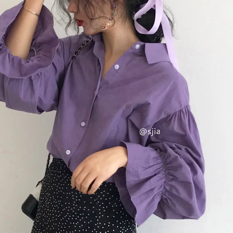 

Korea Chic Autumn Gentle Simple Violet Lapel Single Breasted Loose Trumpet Sleeve Bottomed Shirt Top Women
