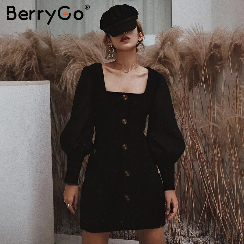 BerryGo сексуальное облегающее платье с пуговицами женское рукавами фонариками