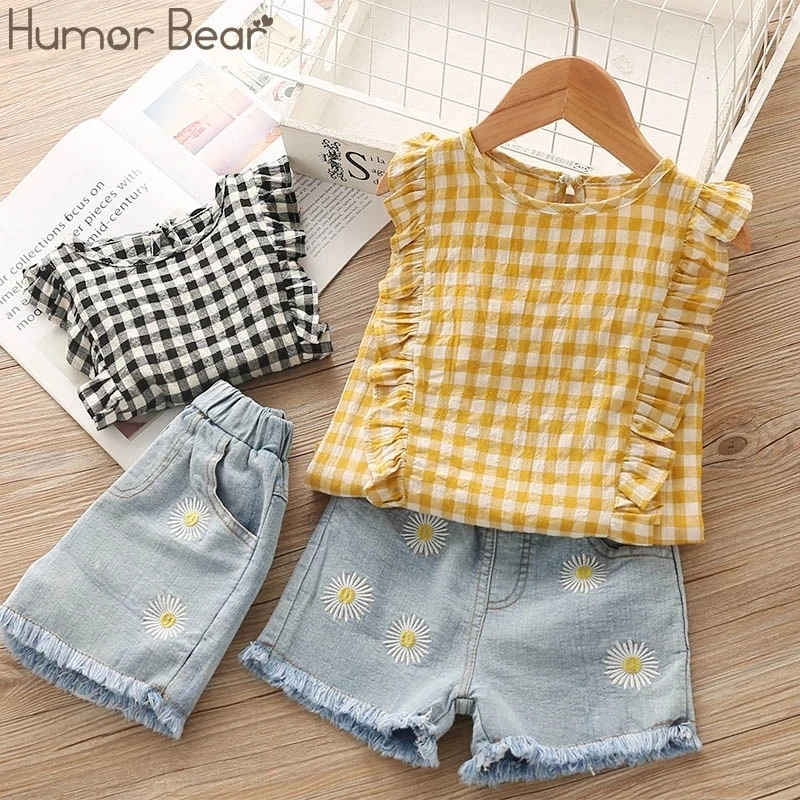 

Humor Bear Girls Summer Clothes Brand New Children Lace Stripe Girl Tops+ Denim Pant 2PCS Set Baby Girls Clothing Suit