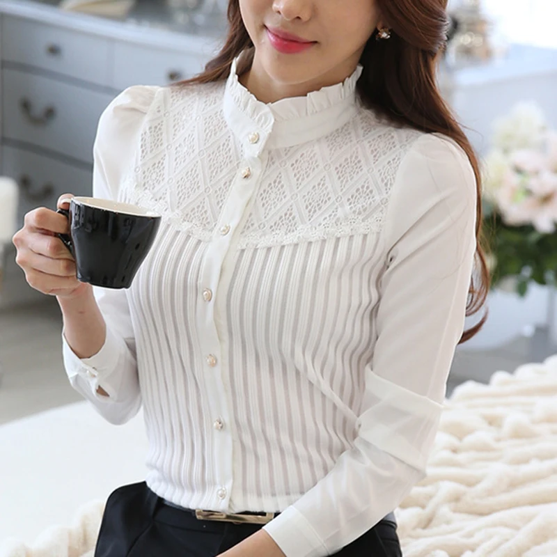 

2021 Sexy Lace Bottoming Chiffon Shirt Blouse Women Slim Long Sleeve Solid White Office Lady Blouse Button Spring Tops SJ5557C