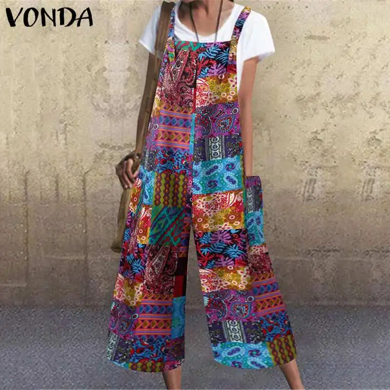 VONDA Loose Rompers 2022 Women Sexy Sleeveless Casual Wide Leg Jumpsuits  Vintage Printed Beach Overalls Femme Pants