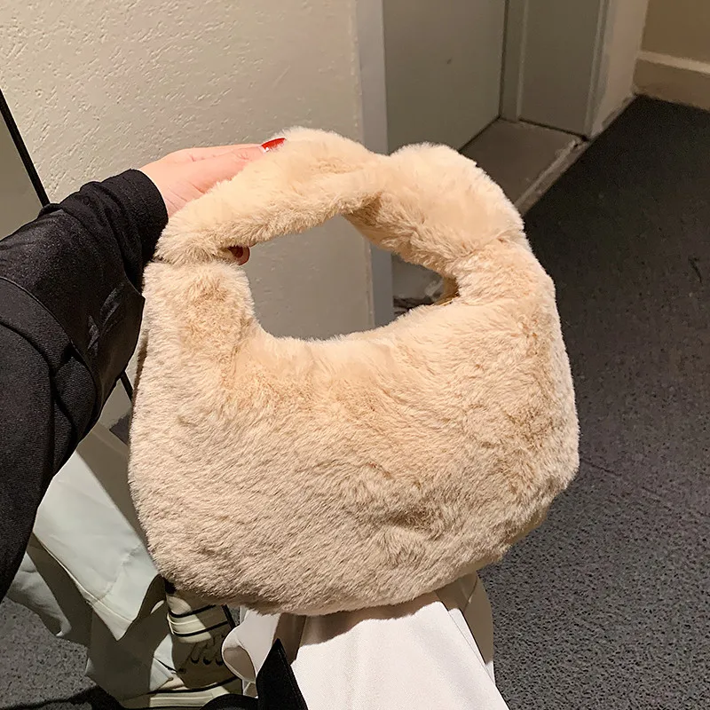 

Small Soft Faux Fur Totes 2021 Winter New High-quality Plush Women's Designer Handbag Luxury Brand Travel Clutch Phone Purses