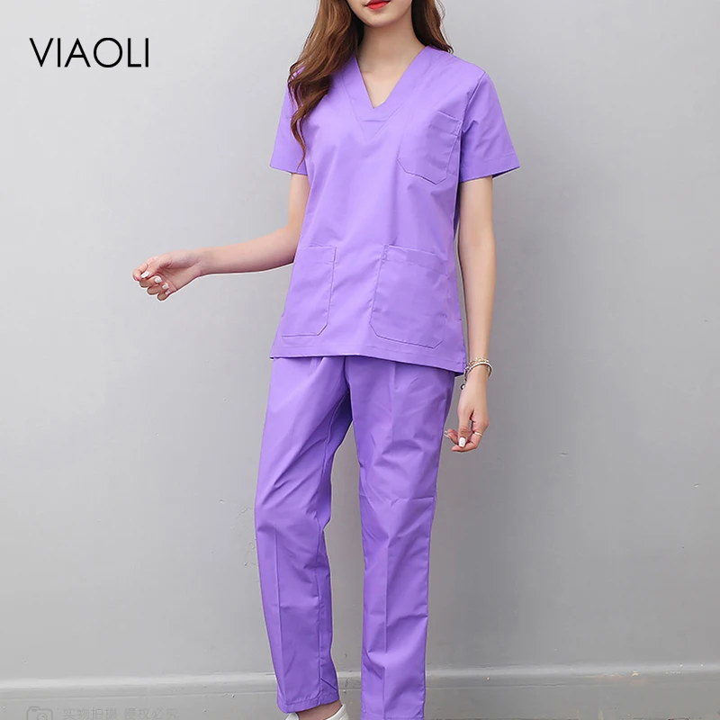 Фиолетовый Viaoli, женская и Мужская медицинская форма, скрабы для кормления, одежда с коротким рукавом, пальто, одежда для доктора, кисть для рук, одежда с принтом - Цвет: Фиолетовый