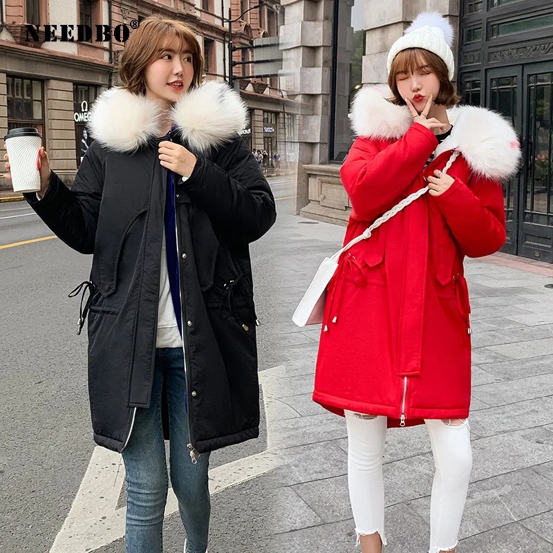 NEEDBO Warm Woman Winter Coats Puffer Winter Jacket Women Long Parka Fur Collar Casual Padded Outwear Black Long Fur Coat Women