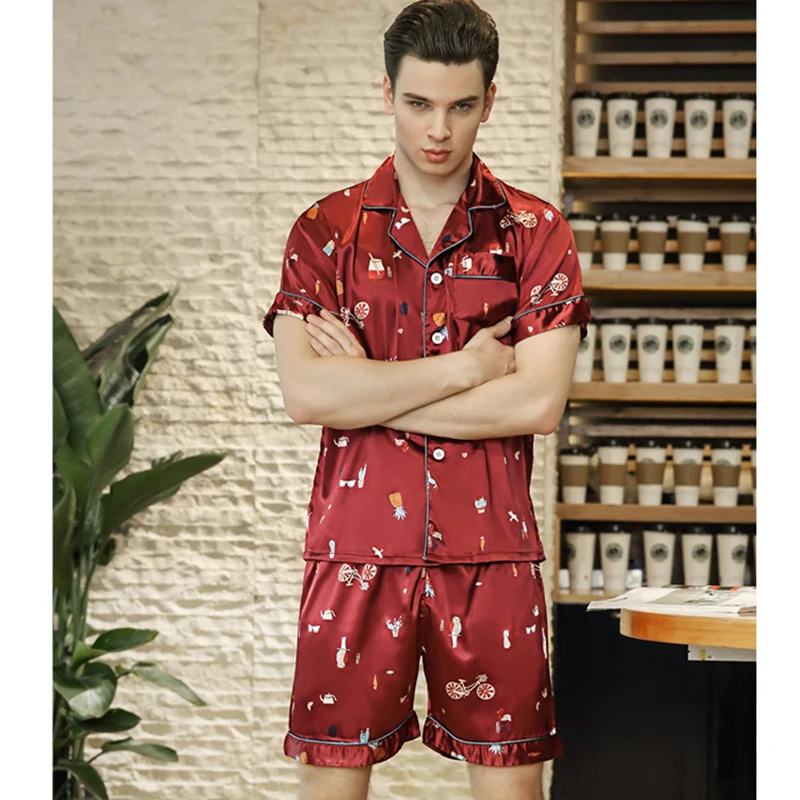 

2018 New Men Satin Silk Sleepwear Print Red Set Short Sleeve and Shorts Pajamas Shorts Soft Nightgown Spring and Summer Homewear