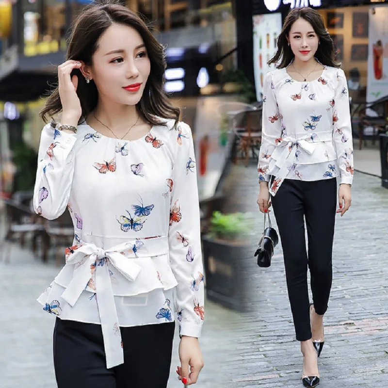 

New Spring Shirts Korean Fashion OL O Collar Professional Women Blouses Sweet Ladies Tops Long Sleeve Chiffon Shirt Blusas Mujer
