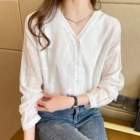 white lace shirt women v neck full sleeve button chiffon blouse office korean woman tops 2022 fashion new autumn womens clothes