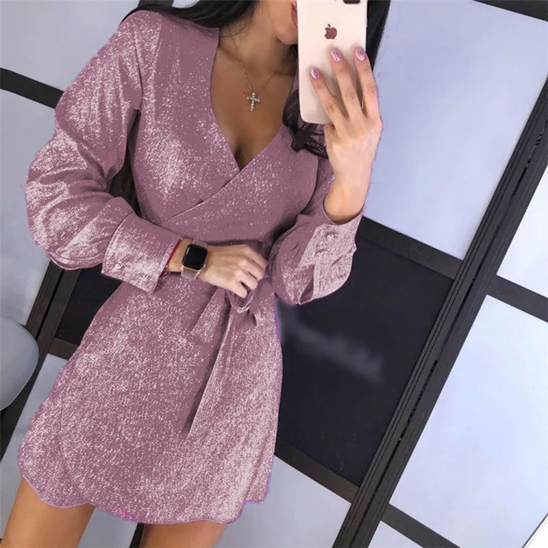 

Leosoxs 2020 Spring Autumn New Elegant Fashion Sexy Deep V Neck Women's Dress Casual Slim Solid Belt Long Sleeve Ladies Dresses