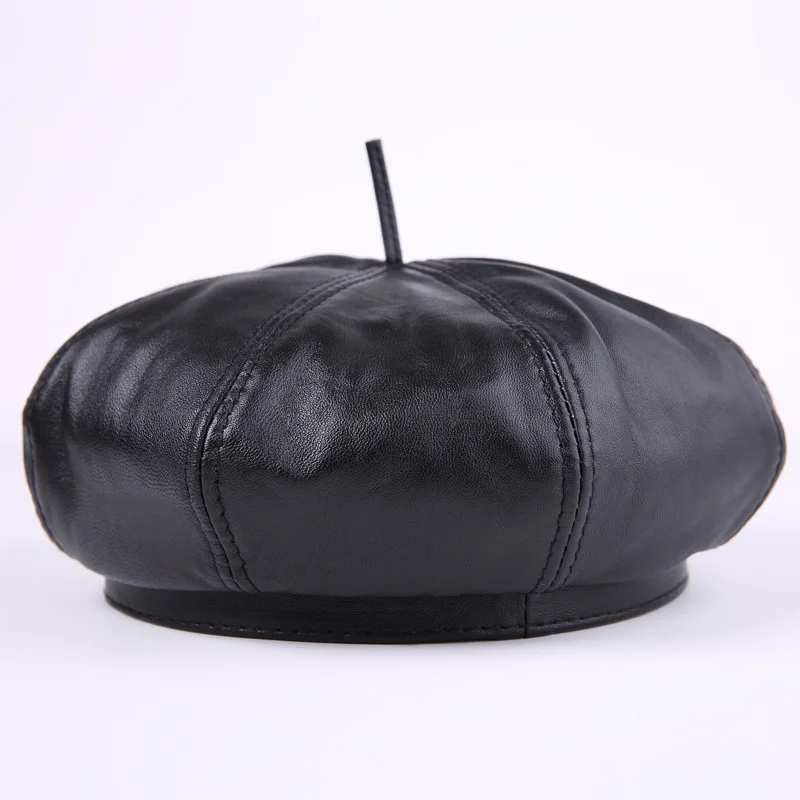 

Genuine Leather Octagonal Hats Female Women Real Sheep Skin Caps British Fashion Beret Leisure Artist Pumpkin Hat Size L-2XL